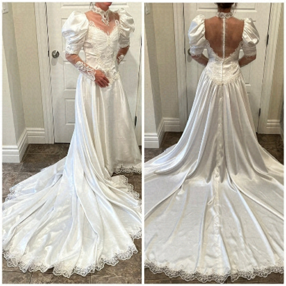 80S Lace Beaded Puff & Long Sleeved Winter White Wedding Gown Long Train & Veil